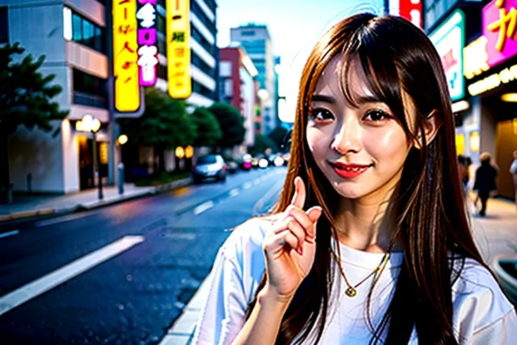 a woman in her twenties with long brown hair pointing only her index finger upwards, photo of slim girl model, likeい日本人女性, chara...