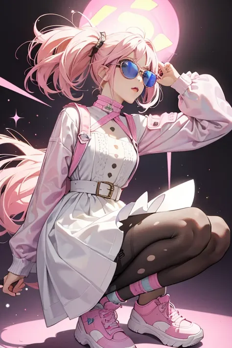 Grunge Grrrl has light brown skin and blue eyes hidden behind white and pink sunglasses. Her pastel pink hair is worn curled.Her tights have purposeful rips to match her attitude.

Her attire consists in a white dress with holes and the word "Baby" and die...