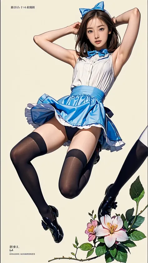 ((masterpiece)),(((Highest quality))),((Character design sheet)),Thin thighs,Long legs,((Alice in Wonderland, wearing a large ribbon on your head,, wear black tights，loafers))、15-year-old girl、(Raise your arms、Jumping with armpits exposed:1.2)、(Droopy eyes...