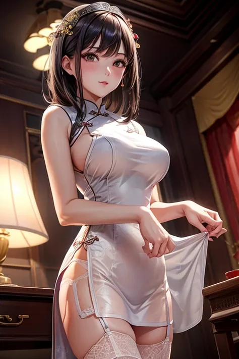 high resolution, adult woman , good lighting, Negligible, , (no nudity), (((cheongsam brillante))), (()), ((())), (garter belt), abdomen only, (),  ,  Beautiful face, I&#39;I&#39;m embarrassed and blushing, humiliating, ((turn around and look back)), (T-ba...