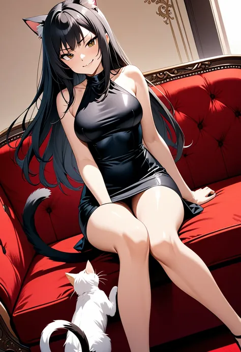 detailed illustration, dynamic angle, ultra-detailed, illustration, 1girl, medium breasts, black club dress, sitting on a red velvet couch, catgirl, cats, black hair, long hair, cat ears, cat tail, smirk, proud, arrogant, 