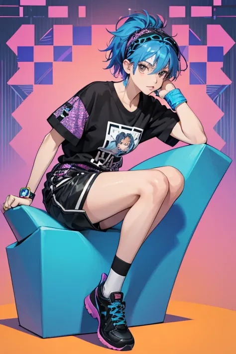 she has cerulean hair, styled into a mohawk. Around the mohawk is cobalt blue dyed hair with leopard prints. sHe has  brown  eyes, . sHe wears a black and white shirt saying TROUBLE, shorts with a violet and orange argyle pattern, and brown sweatbands on h...