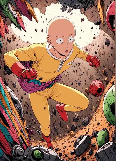 One Punch Man Saitama is looking confused, he has punched Transformer star Scream (who blew up), now Saitama is still in a punching stance in a crater surrounded by robot debris
