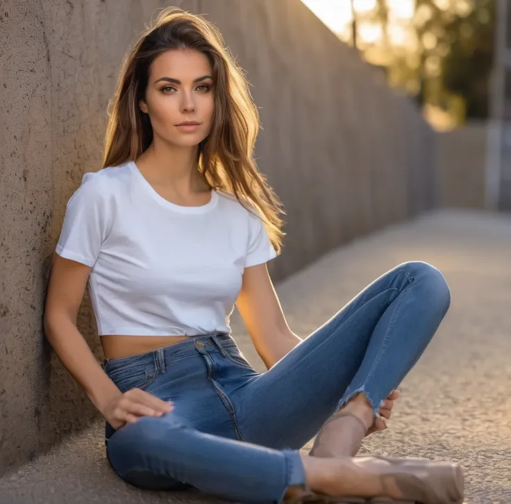 beautiful woman wearing jeans and a ((t-shirt)), sitting on the ground feet apart   hi detail, sharp focus, perfect lighting, aw...