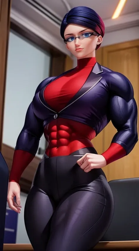 a muscular female bodybuilder in (( red bra inside (office suit) and her hair is (gradient of dark blue and red) from end to the...