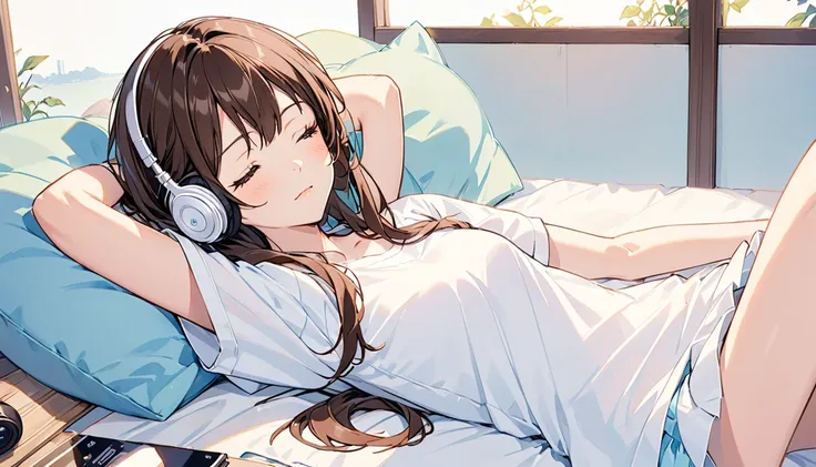 Girl wearing headphones,ベッドでrelaxして寝ている,Brown Hair,One girl,Eyes closed,relax