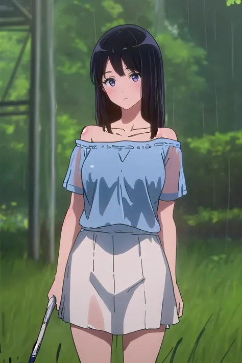 masterpiece, best quality, outdoors, field, grass, forest, rain, water drop, 1girl, solo, looking at viewer, cowboy shot, leaning forward, head tilt, shirt, blue shirt, collarbone, short sleeves, t-shirt, off shoulder, oversized shirt, naked shirt, oversiz...