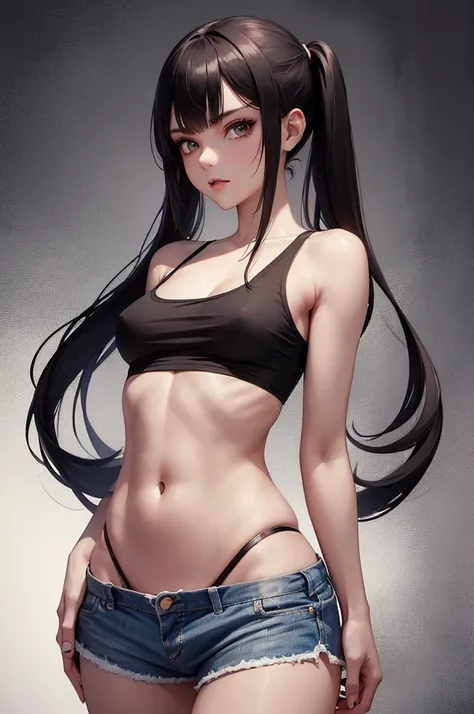 a beautiful skinny young woman with long pigtails, wearing a tight cropped shirt and cutoff unbuttoned shorts, unbuttoned shorts, looking seductive, detailed facial features, highly detailed, 8k, vivid colors, sharp focus, physically-based rendering, profe...