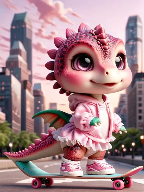 A girl dressed in a pink dinosaur costume, Pink sneakers, strike a playful pose, Standing on a skateboard, Pink Eyes, proudly, Cartoon Style, full-body shot, City skyline background, Created with C4D and Blender, Blind box toy styles, Super Detail, Anatomi...