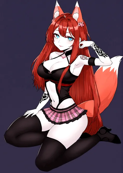 a redhead woman, very long hair falling to butt height. She is wearing a purple blouse that highlights her large breasts.. She has red fox ears, with the inside of the ears in light pink, and a red fox tail with a light pink tip. Only his left arm is compl...