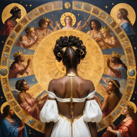 Young black woman from the back, curled hair, being crowned . She looks and beholds the golden heavenly realms, with astrology elements, renaissance painting.