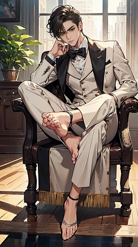 (masterpiece), (highest quality), (super detailed), ultra-detailed, Beautiful face, (((male))), ((whole body)), (((Down to the toes))), Stylish, suit, Leather shoes,