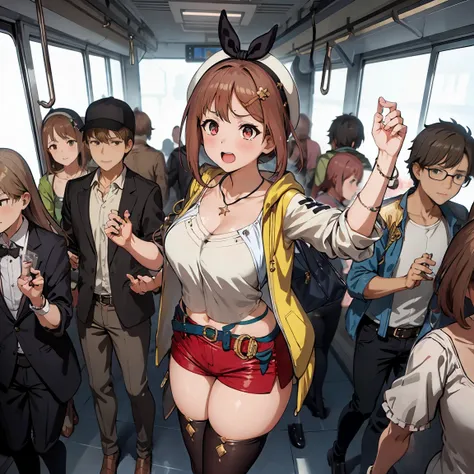 crowded train、one woman、cute woman、many passengers、thick thighs、best image quality、high resolution、masterpiece、super high qualit...