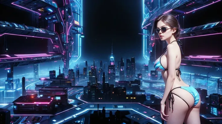 (((a medium-breast bikini slim GIRL with black micro sunglasses))), (((aiming at viewer with a pistol))), a balcony of a futuristic building, aerial view of an ultra-futuristic megalopolis, many metal buildings and houses in dark colors from dark blue to b...