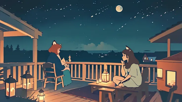 a girl sitting on a porch with a fox, with a view of the night sky