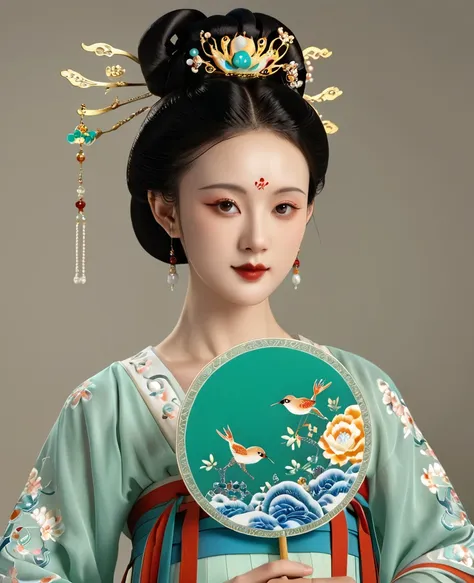 a beautiful young chinese girl in traditional song dynasty imperial court attire, symmetrical facial features, round face, brigh...