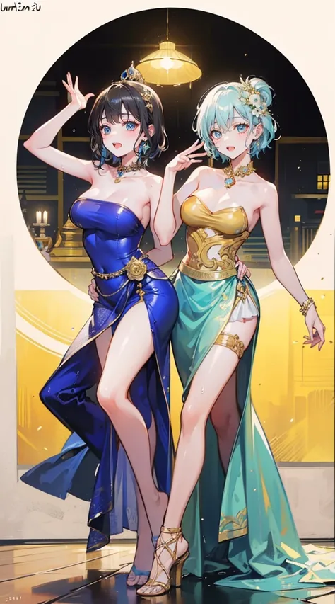 (2 young women ,beautiful woman),(20-year-old girl)，smile，(light green short hair)，nobility，(princess)，blue student，tall figure，...