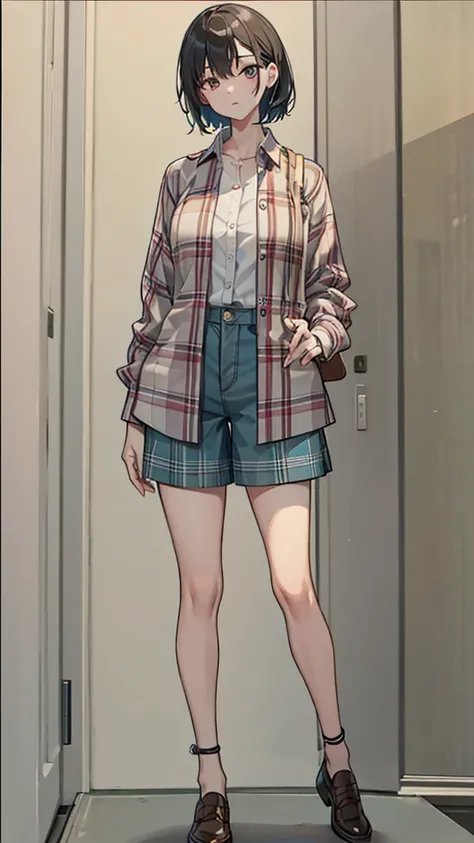 Drawing of a woman in a plaid shirt and shorts, full body image of a short!, Drawing the whole character, Draw the whole body, Tall female emo art student, unrealistic character concept, Full concept in detail, !!full body image!!, realistic proportions!!,...