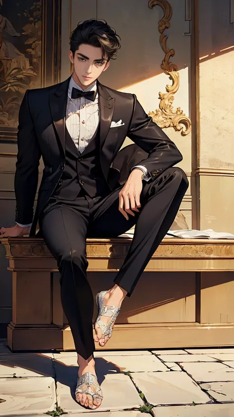 (masterpiece), (highest quality), (super detailed), ultra-detailed, Beautiful face, (((male))), ((whole body)), (((Down to the toes))), Stylish, suit, Leather shoes,