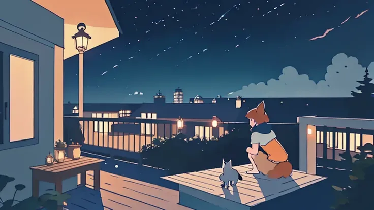 a girl sitting on a porch with a fox, with a view of the night sky