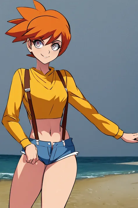 ((masterpiece,best quality)), absurdres, Misty_Pokemon, yellow crop top, suspenders, side ponytail, orange hair, denim shorts, solo, smiling, looking at viewer, cowboy shot, cinematic composition, contrapposto, tropical beach,