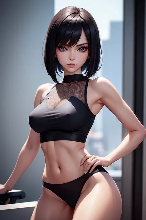 a beautiful skinny young woman with skater haircut, wearing a tight cropped shirt and mesh panties, looking seductive, detailed facial features, highly detailed, 8k, vivid colors, sharp focus, physically-based rendering, professional photography, elegant, ...