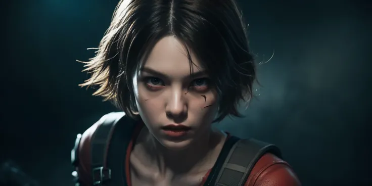 Highest quality, masterpiece, Ultra-high resolution, Detailed Background, realism, Actual photo, Draw in 8k high resolution、Creating a female heroine for Resident Evil。Show the whole battle scene,Expressing detailed human skin texture:1.55,Scary scene surr...