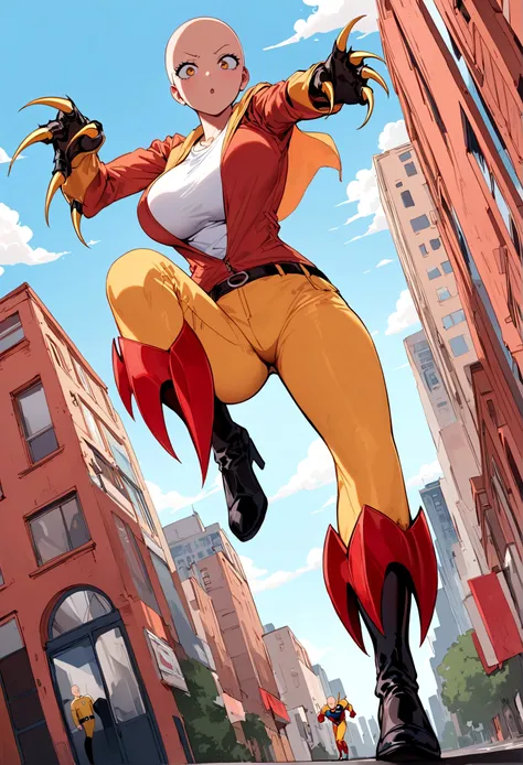 Marvels Wolverine (played by a cute woman) is enraged, claws out ready to fight, One punch man Saitama is not impressed. set in new york city
