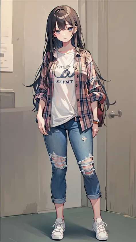 Drawing of a woman with long, middle-parted hair in a plaid shirt and jeans shorts., full body image of a short!, Drawing the whole character, Draw the whole body, Tall female emo art student, unrealistic character concept, Full concept in detail, !!full b...