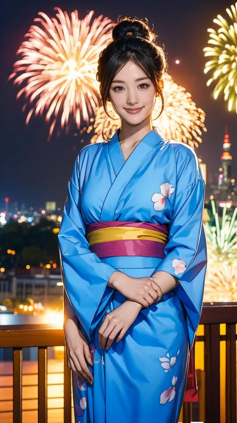 ((masterpiece)),(((Highest quality))),((Character design sheet)),A Japanese yukata with a flashy pattern:1.5，Stylish sandals:1.5，The best smile:1.5，Upper Body Shot:1.5，Night fireworks background:1.5，Flashy makeup with red eyeshadow:1.5，Bun Hair:1.5，