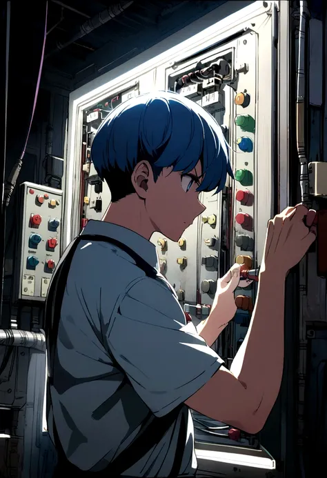 anime electrician, concentrated, Restore a complex electrical panel zoom out show the whole panel