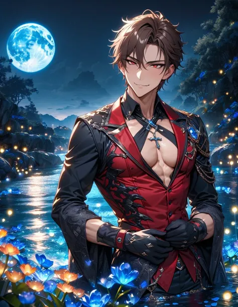 absurdres, highres, ultra detailed, HDR, master piece, Elian, dark brown hair, expressive red eyes, cross neckle, red vest, Demon Fantasy, sexy man, handsome, best quality, blue moon, flowers, fantasy, magical, solo, black coat, toned chest, water, blue sh...