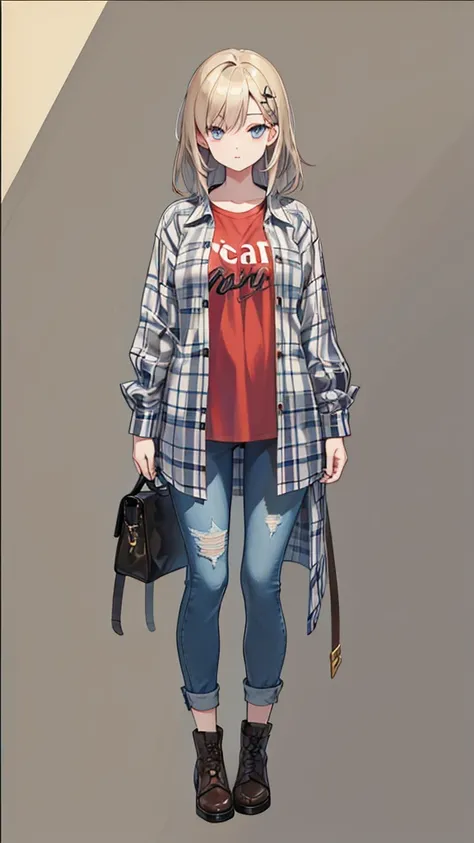 A drawing of a woman with long, middle-parted hair in a plaid shirt and above-the-knee jeans., full body image of a short!, Drawing the whole character, Draw the whole body, Tall female emo art student, unrealistic character concept, Full concept in detail...