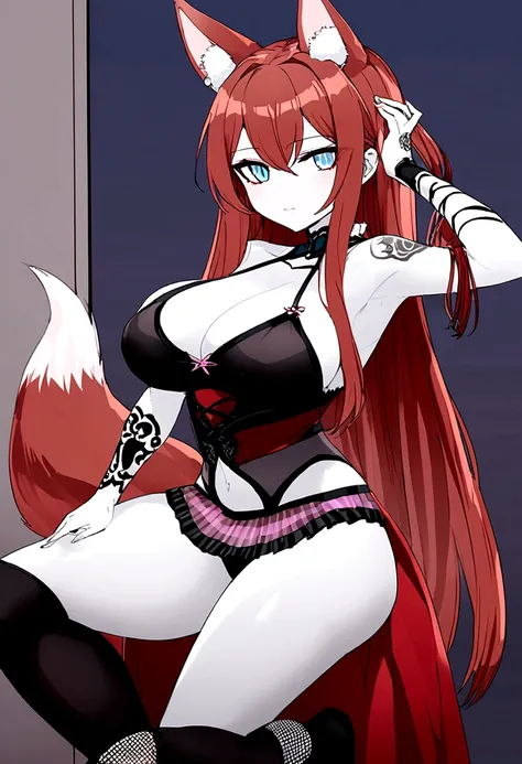 a redhead woman, very long hair falling to butt height. She is wearing a purple blouse that highlights her large breasts.. She has red fox ears, with the inside of the ears in light pink, and a red fox tail with a light pink tip. Only his left arm is compl...