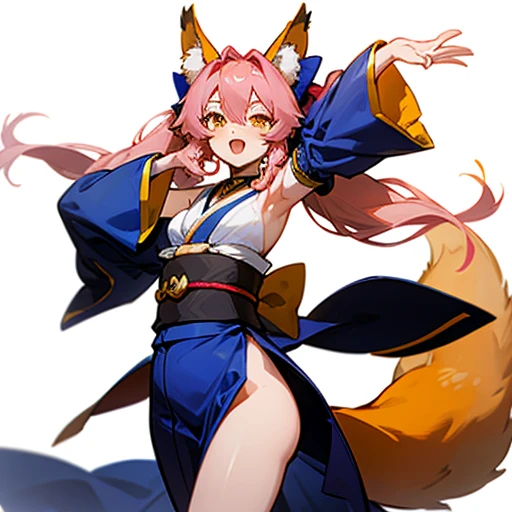 Tamamo no mae (destiny/Extra), Tamamo (destiny), One girl, alone, Long Hair, chest, View your viewers, blush, Open your mouth, bangs, large chest, Simple Background, Long sleeve, White Background, bow, Animal ears, Hair between the eyes, Bare shoulders, tw...