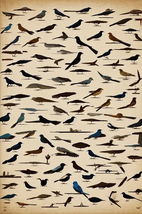 A rectangular canvas where there are many birds of different types in the 