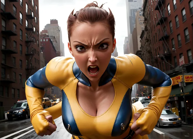 a cute woman as Wolverine,enraged Wolverine,claws out,ready to fight,One Punch Man Saitama unimpressed,New York City setting,highly detailed,cinematic,dramatic lighting,intense expression,muscular body,dynamic pose,gritty,realistic,intricate details,hyper-...