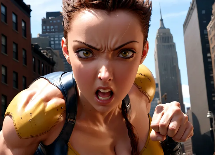 a cute woman as Wolverine,enraged Wolverine,claws out,ready to fight,One Punch Man Saitama unimpressed,New York City setting,highly detailed,cinematic,dramatic lighting,intense expression,muscular body,dynamic pose,gritty,realistic,intricate details,hyper-...