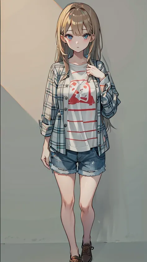 Drawing of a woman with long, middle-parted hair in a plaid shirt and sexy short jeans mini-pants., full body image of a short!, Drawing the whole character, Draw the whole body, Tall female emo art student, unrealistic character concept, Full concept in d...