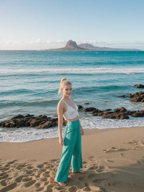 her name is Elle, high quality, 1girl, ((20-year-old fit Caucasian woman)), ((20 years old)), ((fit)), ((pale skin)), ((sleek ponytail blonde colored hair)) , wearing Green Embroidered Sheer Kimono + High-Waisted Palazzo Pants, pose: standing, background: ...