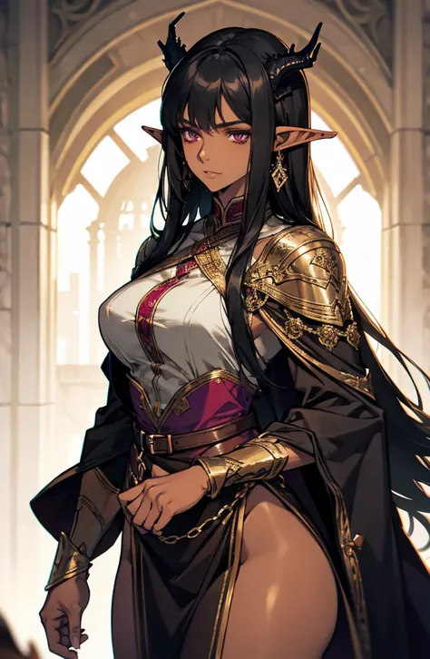 brown skin, older woman, sexy, tall, brown skin, one dragon wing, black hair, elf, elf ears, dragon horns, dark clothing, purple clothing