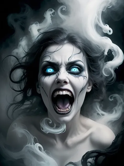 A nightmare mindscape, madness revealed in her grin, piercing eyes, coalescing mists swirl with phantom spirits, her sexual mouth is open up wide.