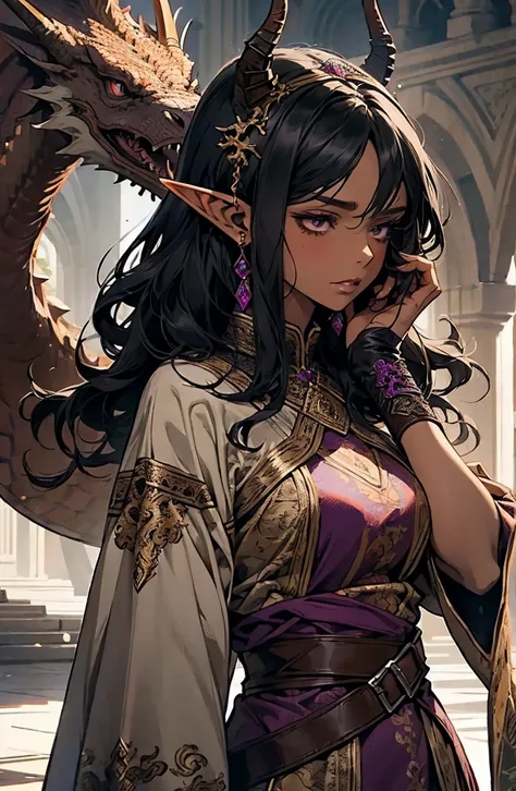 brown skin, older woman, sexy, tall, brown skin, one dragon wing, black hair, elf, elf ears, dragon horns, dark clothing, purple clothing