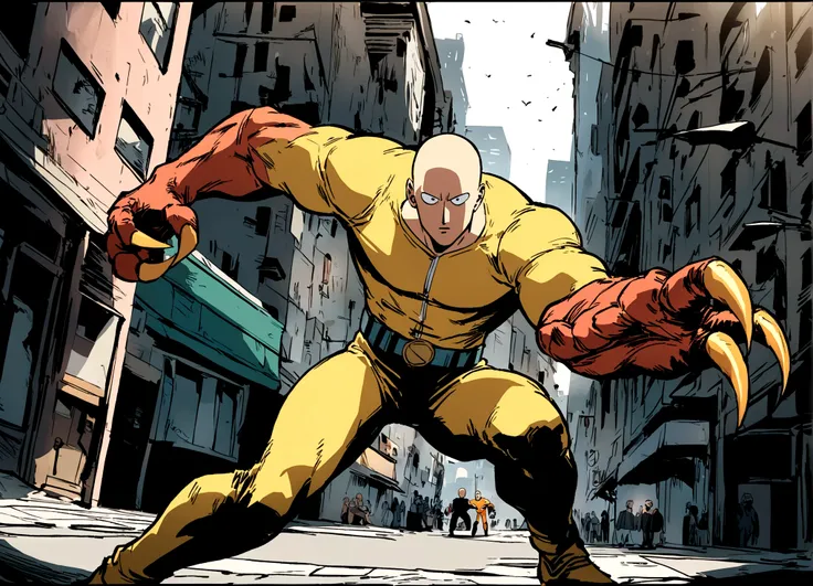 Marvels Wolverine (90s comic style) is enraged, claws out ready to fight, One punch man Saitama is not impressed. set in new york city
