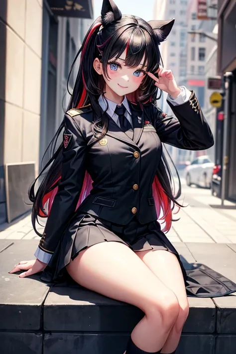 a beauty girl，girl with，a smile，Nice jacket with black uniform.，Ribbon on uniform、premium，masterpiece，colossal ，超High resolution，multicolor fur，Excellent style，perfect facial features，a beauty girl，modeling，girl，long，masterpiece，loose socks，