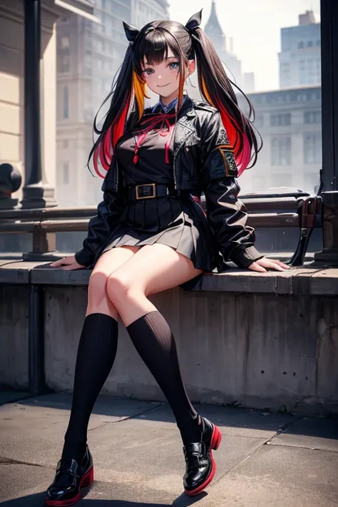 a beauty girl，girl with，a smile，Nice jacket with black uniform.，Ribbon on uniform、premium，masterpiece，colossal ，超High resolution，multicolor fur，Excellent style，perfect facial features，a beauty girl，modeling，girl，long，masterpiece，loose socks，