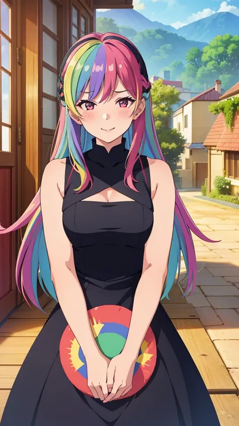 (1girl,20 years old),rainbow hair,long hair,black dress, sleeveless,bare shoulders,smile,blush,extra arms,four arms,cleavage,looking at view,sunlight,in a village,sun,laughing