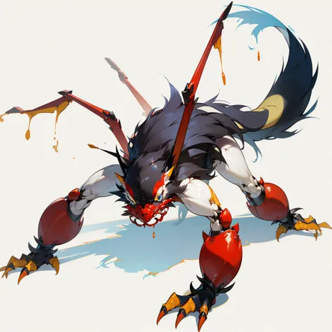 (Random Evolution, Colossal crab mixed with skunk), full body version, red and yellow color skins, (full blue eyes), (Grassroots), no background