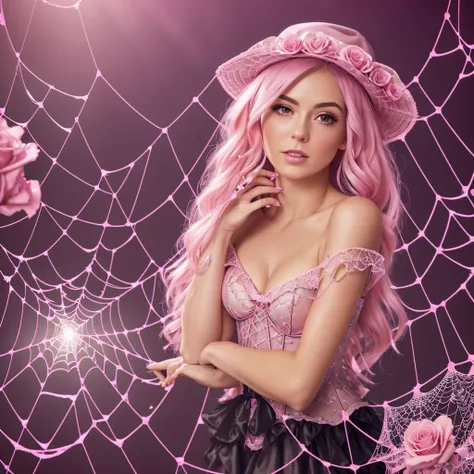 pink female witch portrait beauty pretty soft dewy glow skin sparkle highlighter pink haired youthful witch web witch feminine retro vintage antique spiderwebs on her pointed pink witchhat wearing a spiderweb pink corset ribbon laced up, with dewdrops on a...