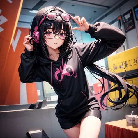 Black long hair girl with bangs,Anime,black and pink hoodie, glasses, headphones on head